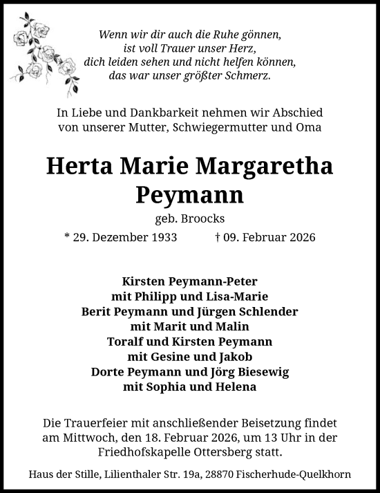 Traueranzeige von Herta Marie Margaretha Peymann von SYKS