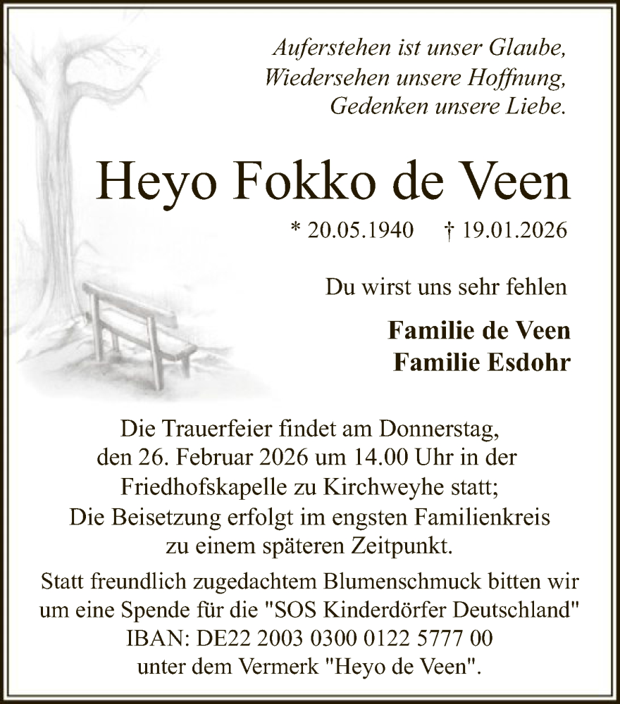  Traueranzeige für Heyo Fokko de Veen vom 07.02.2026 aus SYKS