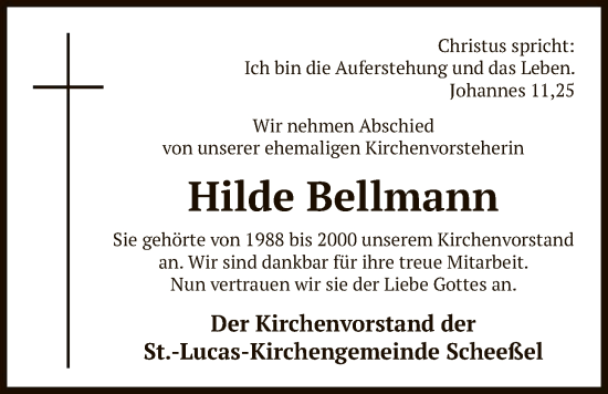 Traueranzeige von Hilde Bellmann von SYKR