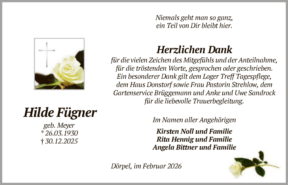  Traueranzeige für Hilde Fügner vom 07.02.2026 aus SYKS