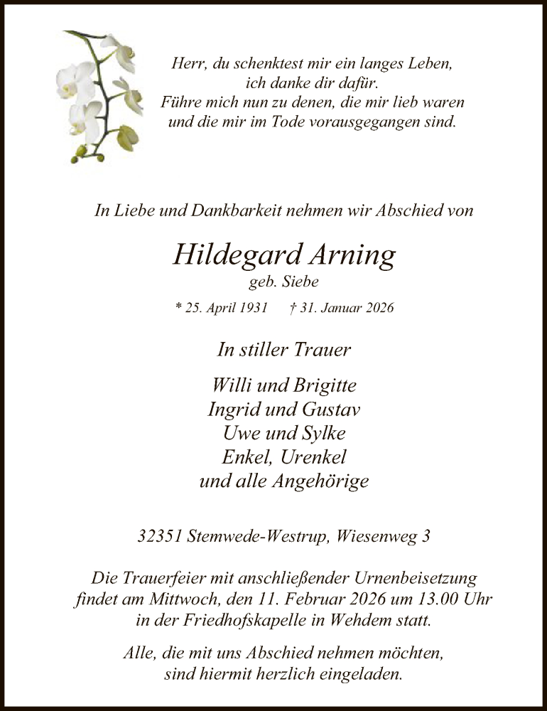  Traueranzeige für Hildegard Arning vom 07.02.2026 aus SYKS
