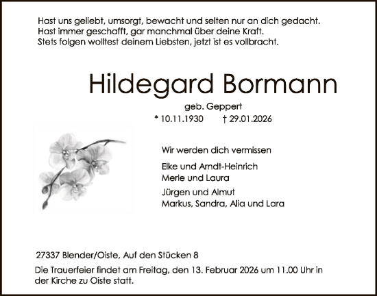 Traueranzeige von Hildegard Bormann von SYKS