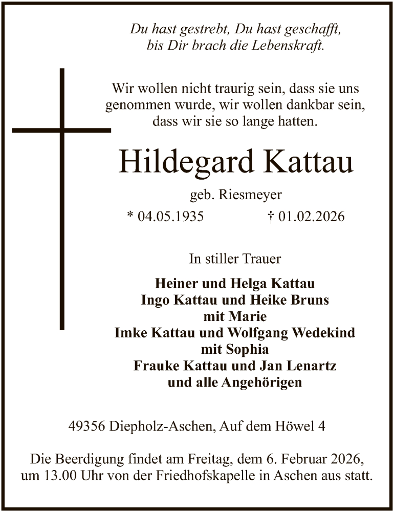  Traueranzeige für Hildegard Kattau vom 04.02.2026 aus SYKS