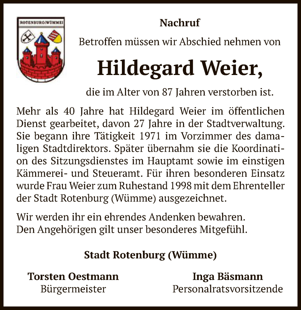  Traueranzeige für Hildegard Weier vom 07.02.2026 aus SYKR