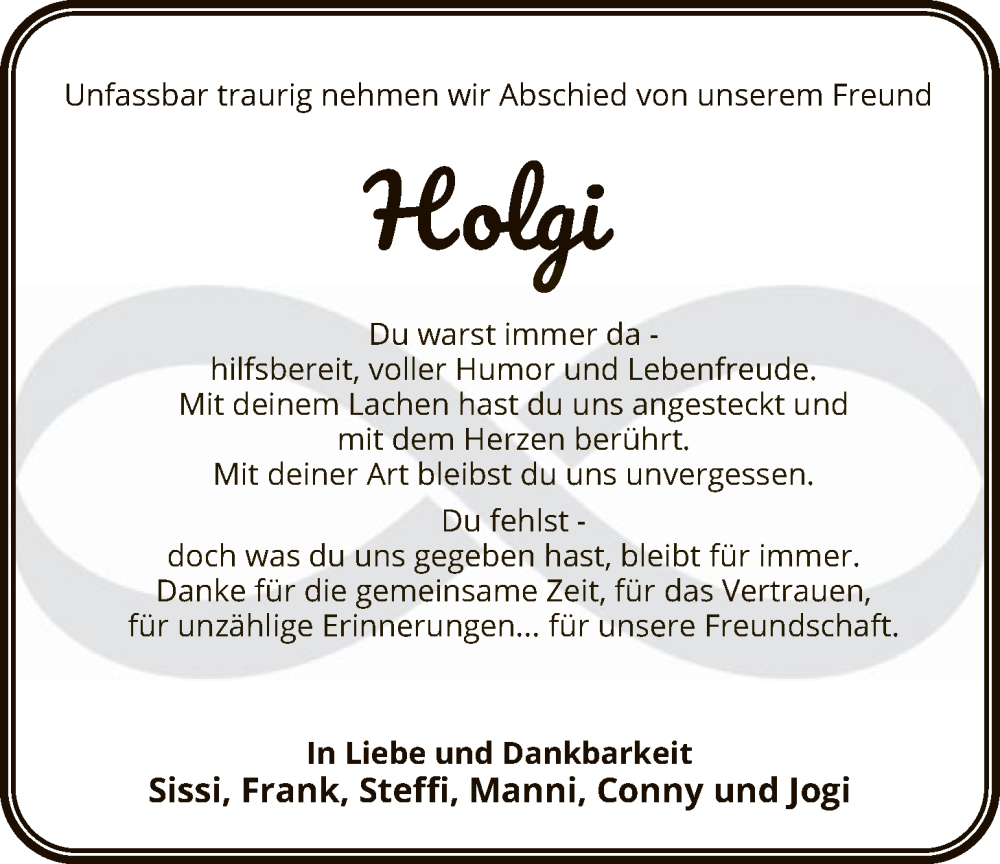  Traueranzeige für Holger Gigi vom 07.02.2026 aus SYKS