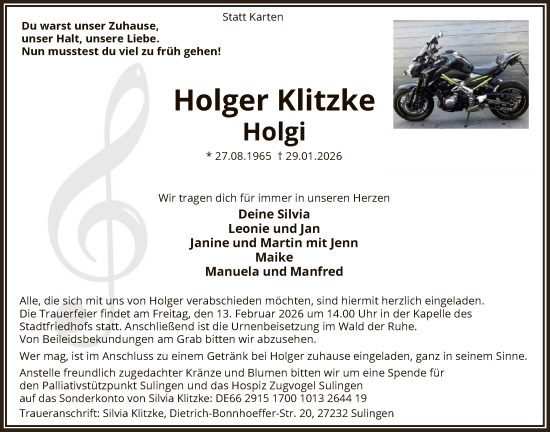 Traueranzeige von Holger Klitzke von SYKS