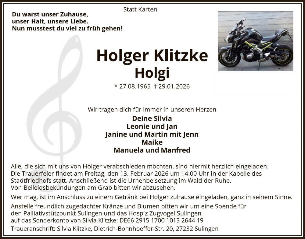  Traueranzeige für Holger Klitzke vom 07.02.2026 aus SYKS