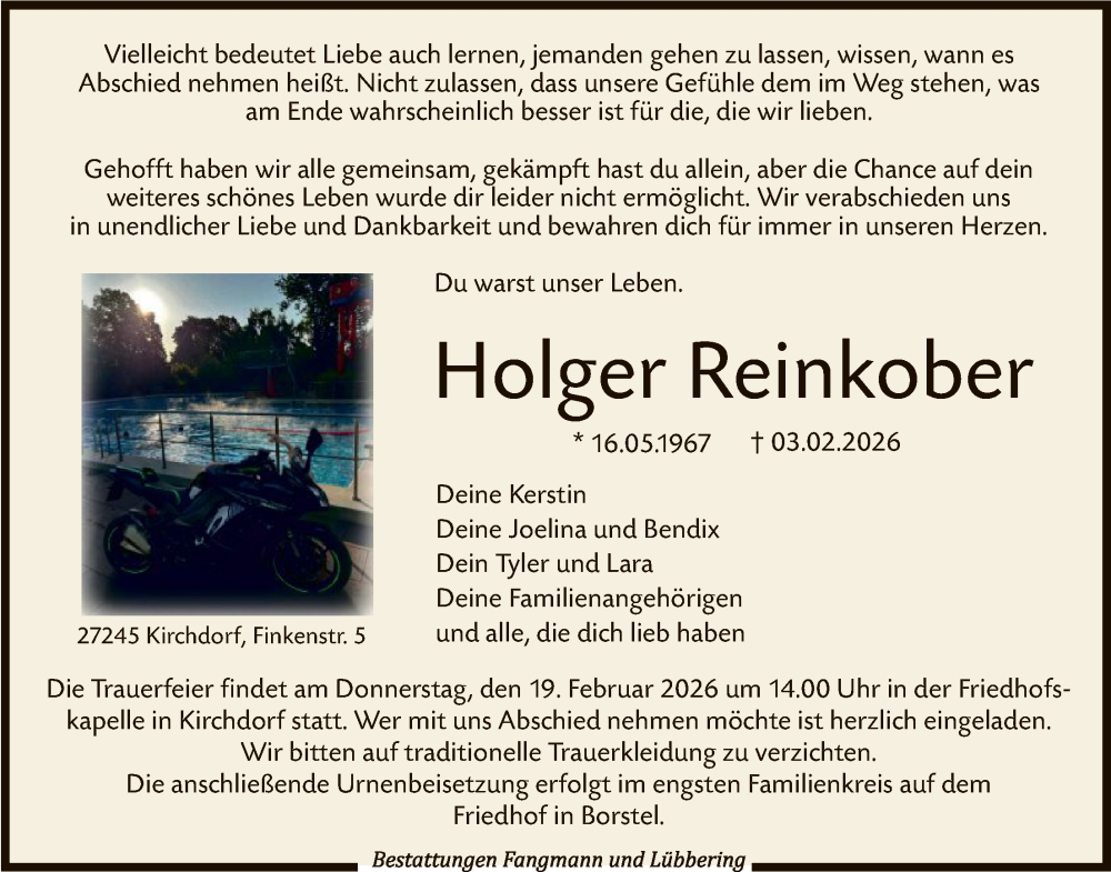  Traueranzeige für Holger Reinkober vom 14.02.2026 aus SYKS
