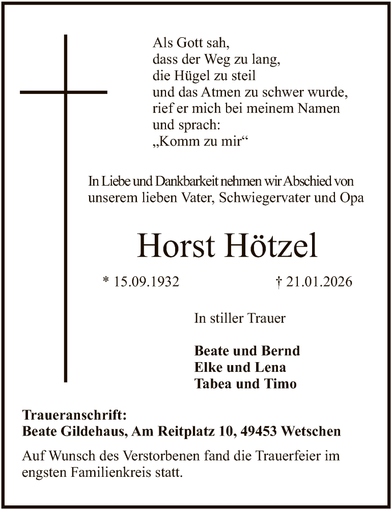  Traueranzeige für Horst Hötzel vom 07.02.2026 aus SYKS