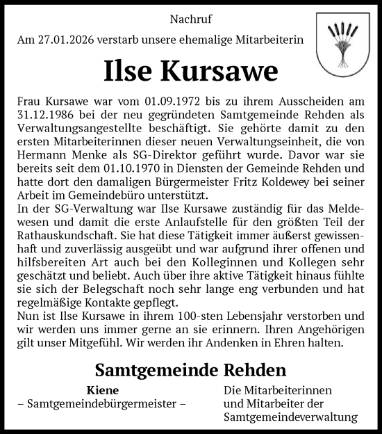 Traueranzeige von Ilse Kursawe von SYKS