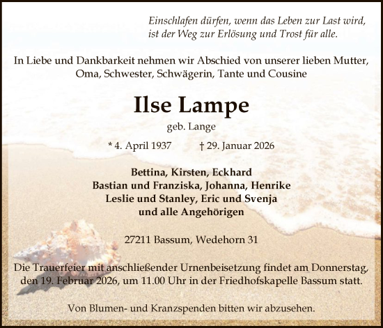 Traueranzeige von Ilse Lampe von SYKS