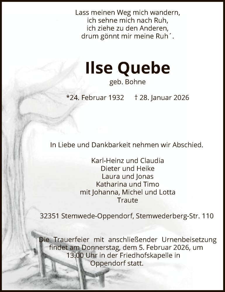  Traueranzeige für Ilse Quebe vom 02.02.2026 aus SYKS