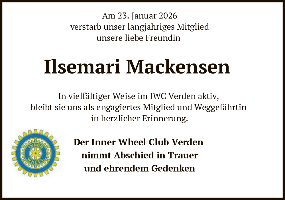  Traueranzeige für Ilsemari Mackensen vom 07.02.2026 aus SYKS