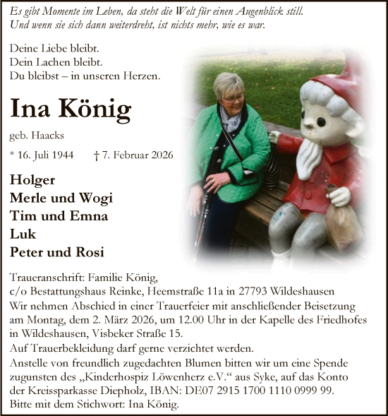 Traueranzeige von Ina König von SYWZ