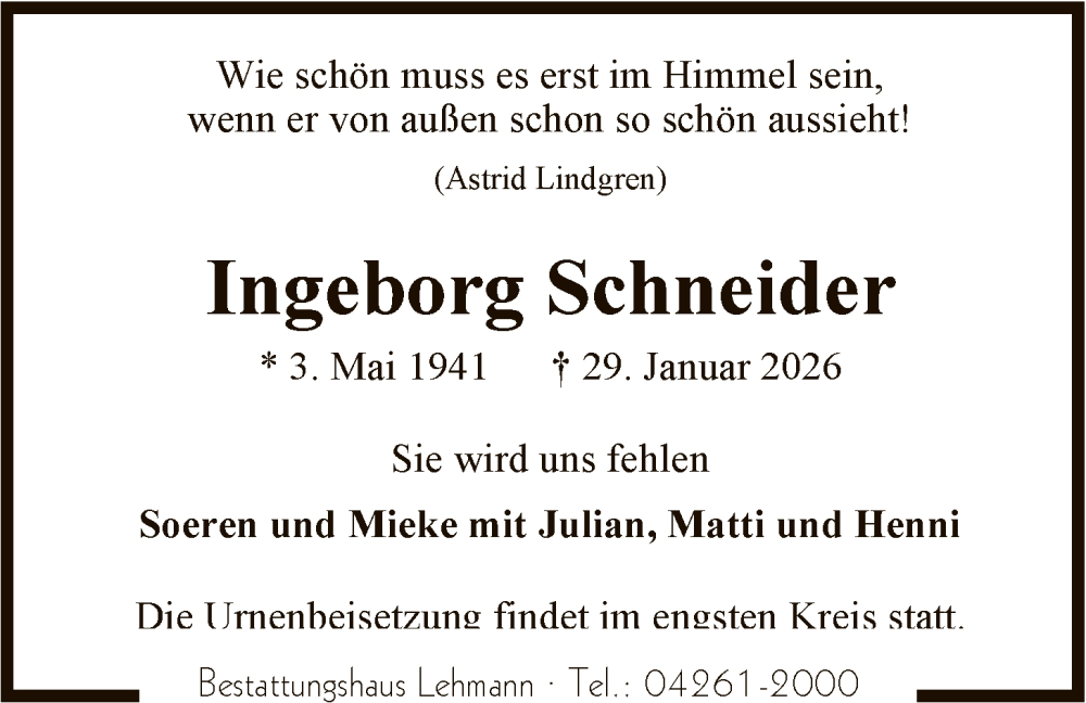  Traueranzeige für Ingeborg Schneider vom 07.02.2026 aus SYKR