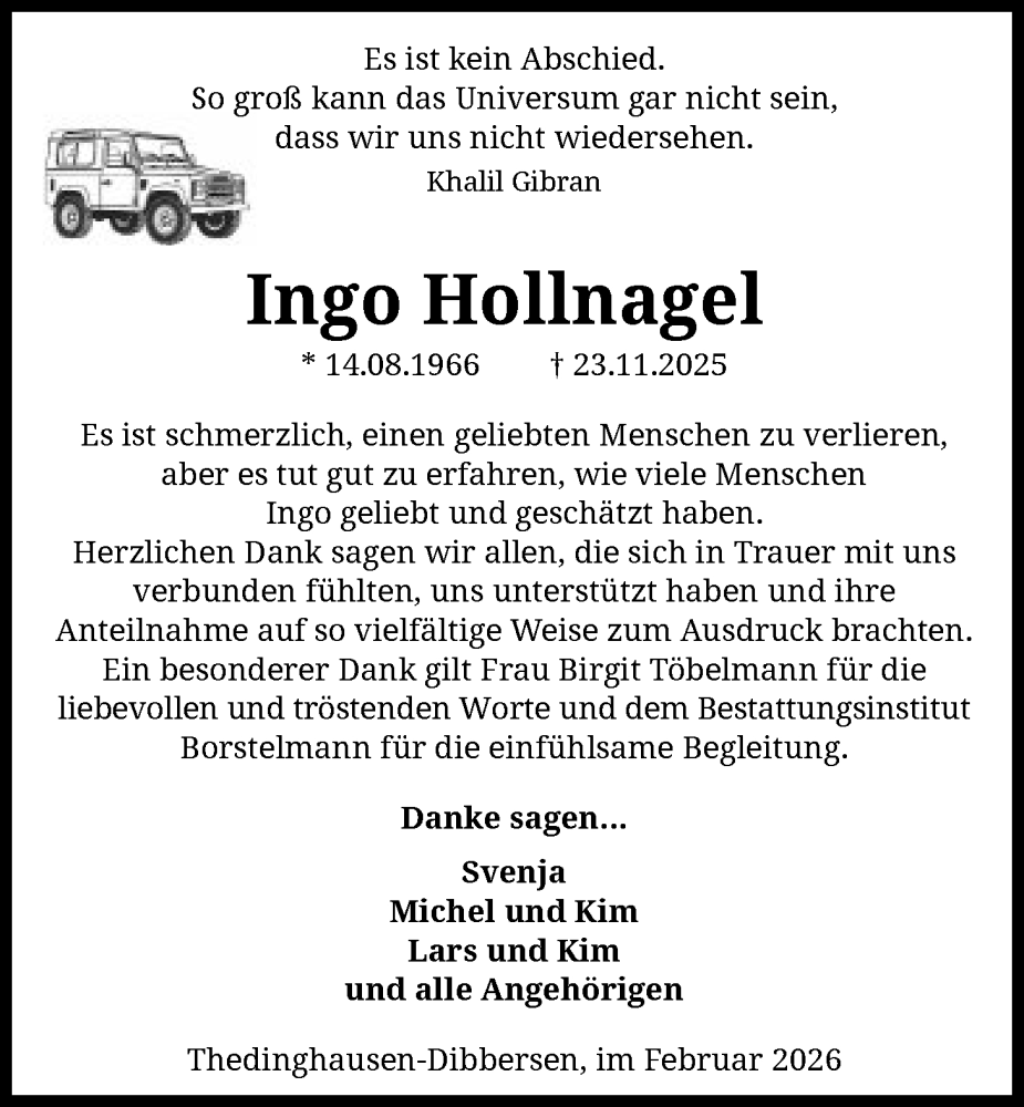  Traueranzeige für Ingo Hollnagel vom 14.02.2026 aus SYKS