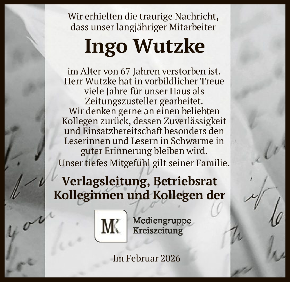  Traueranzeige für Ingo Wutzke vom 07.02.2026 aus SYKS