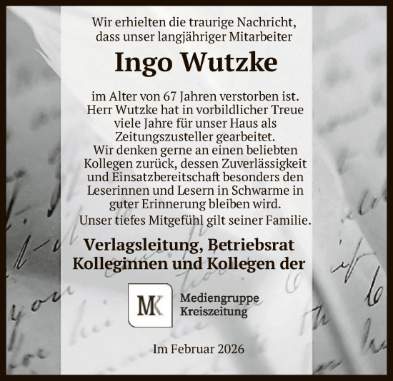 Traueranzeige von Ingo Wutzke von SYKS