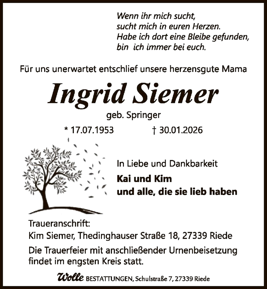  Traueranzeige für Ingrid Siemer vom 07.02.2026 aus SYKS