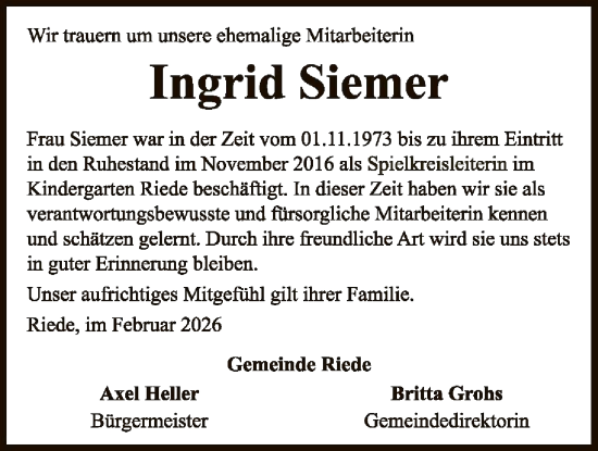 Traueranzeige von Ingrid Siemer von SYKS