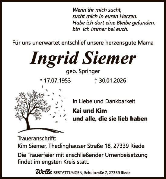 Traueranzeige von Ingrid Siemer von SYKS