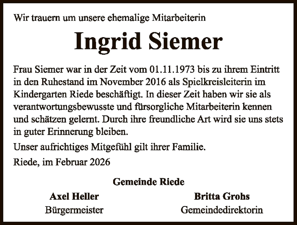  Traueranzeige für Ingrid Siemer vom 07.02.2026 aus SYKS