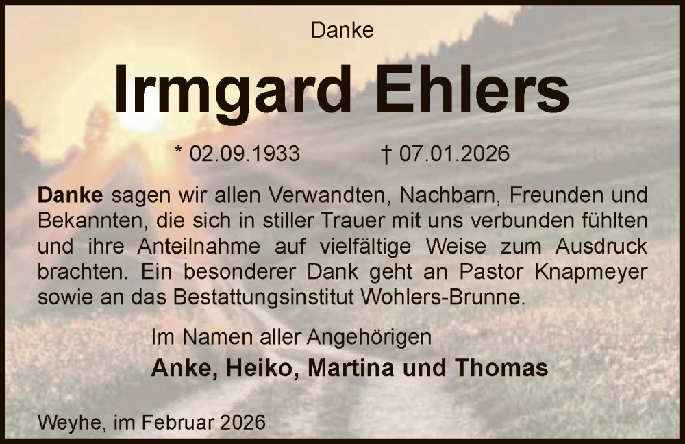  Traueranzeige für Irmgard Ehlers vom 07.02.2026 aus SYKS