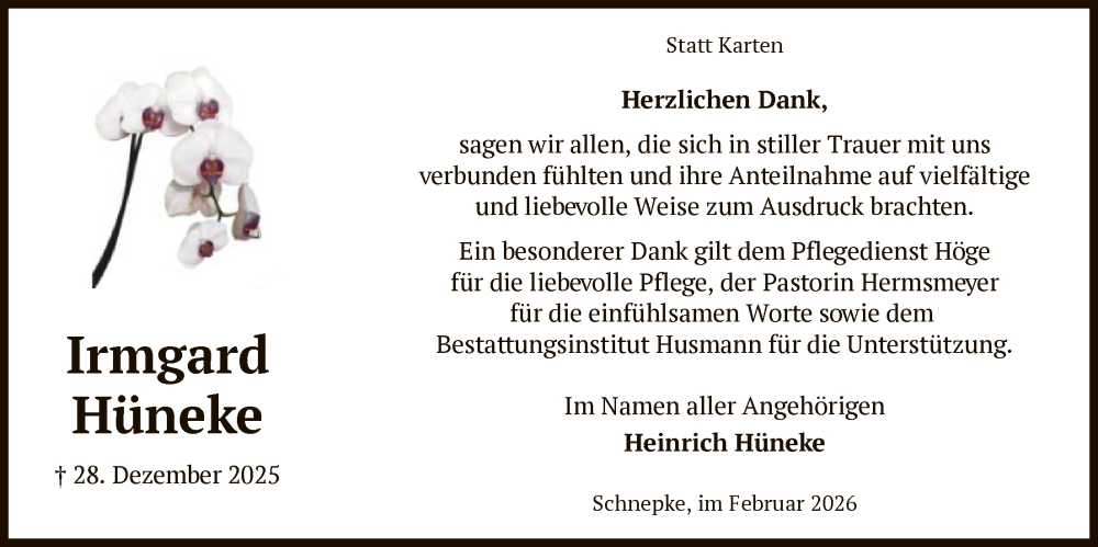  Traueranzeige für Irmgard Hüneke vom 07.02.2026 aus SYKS
