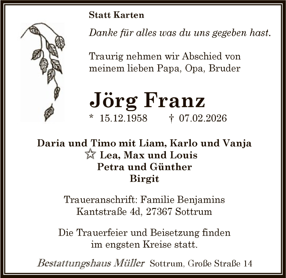  Traueranzeige für Jörg Franz vom 14.02.2026 aus SYKR