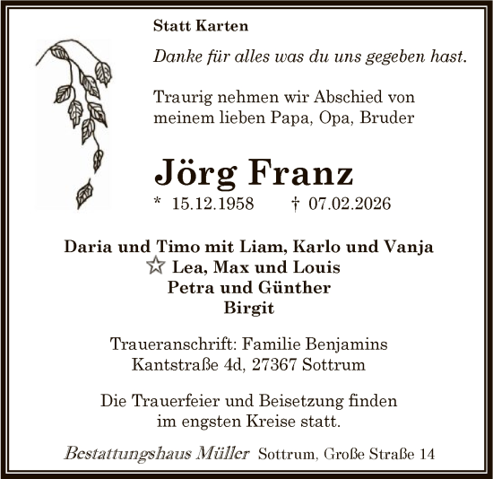 Traueranzeige von Jörg Franz von SYKR
