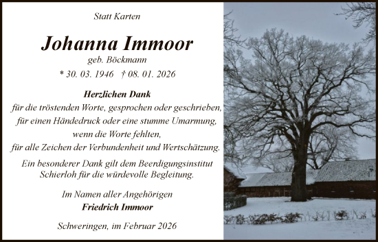 Traueranzeige von Johanna Immoor von SYKS