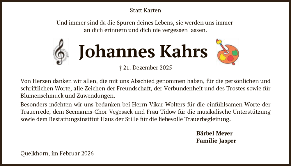  Traueranzeige für Johannes Kahrs vom 14.02.2026 aus SYKS