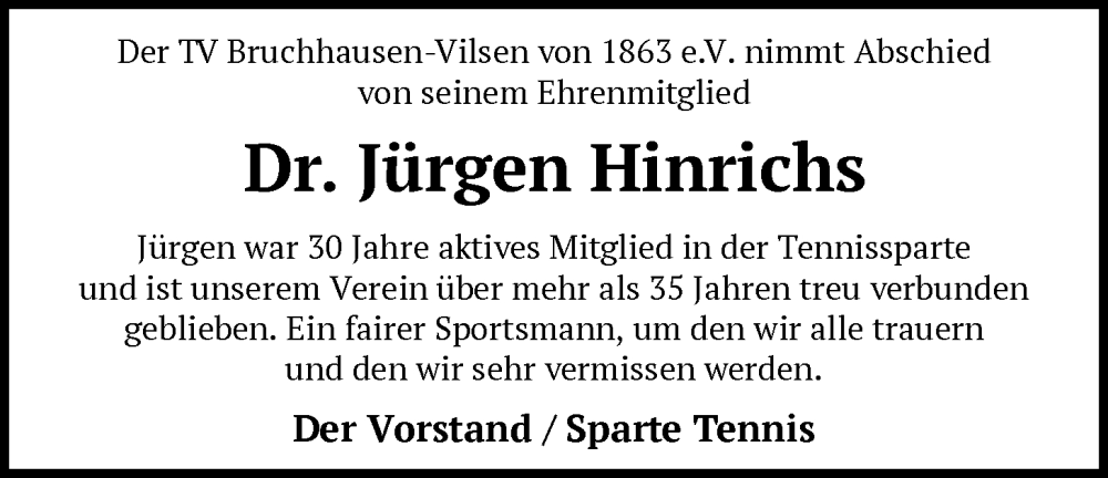  Traueranzeige für Jürgen Hinrichs vom 14.02.2026 aus SYKS