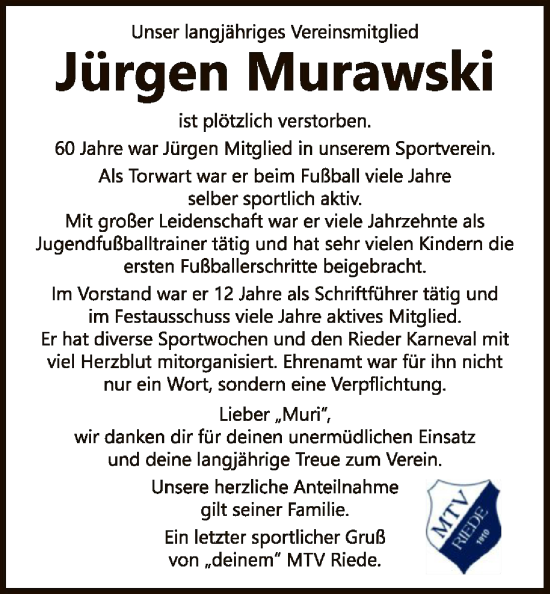 Traueranzeige von Jürgen Murawski von SYKS