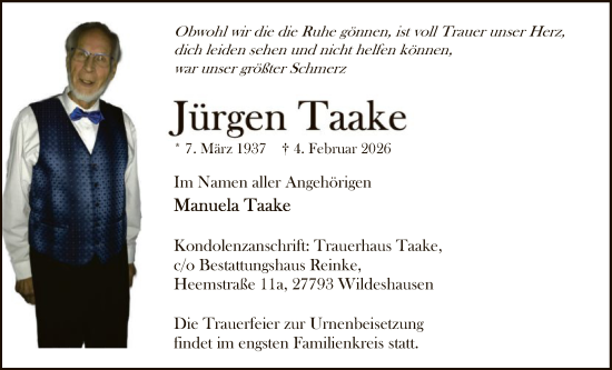Traueranzeige von Jürgen Taake von SYWZ