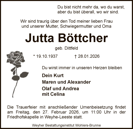 Traueranzeige von Jutta Böttcher von SYKS