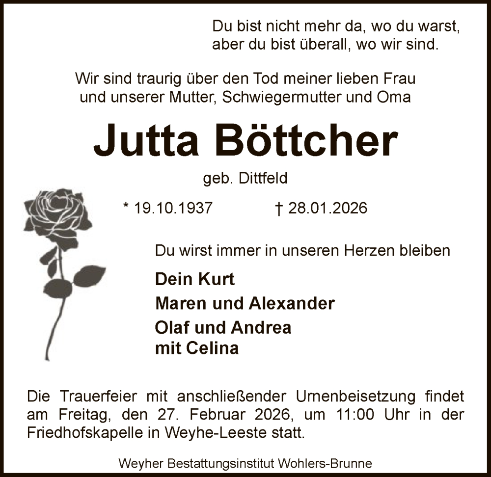  Traueranzeige für Jutta Böttcher vom 07.02.2026 aus SYKS