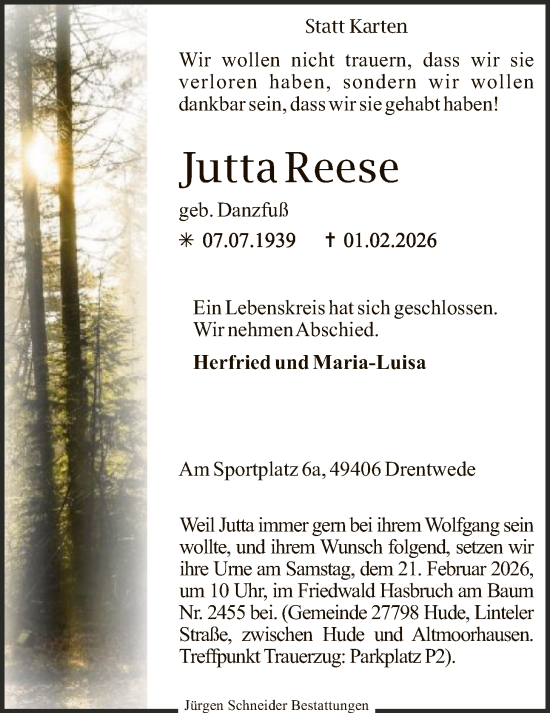 Traueranzeige von Jutta Reese von SYKS