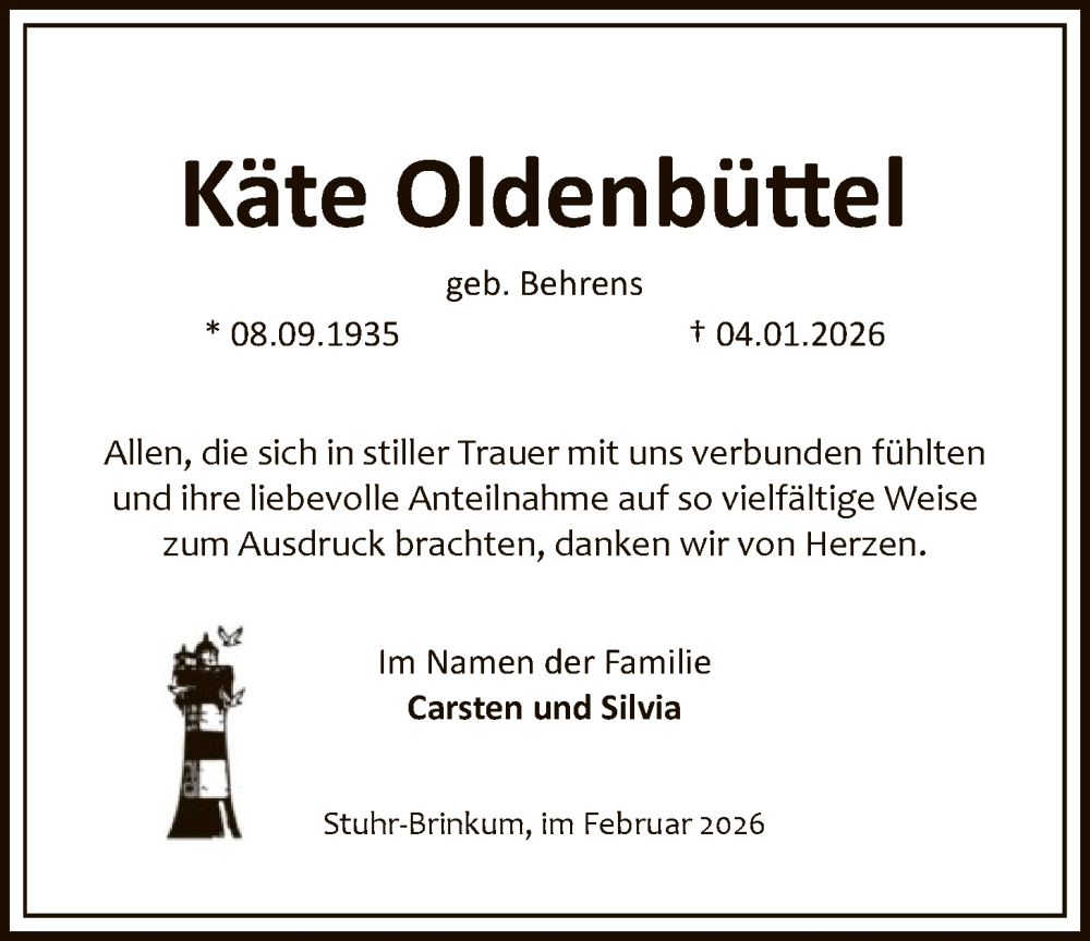  Traueranzeige für Käte Oldenbüttel vom 14.02.2026 aus SYKS