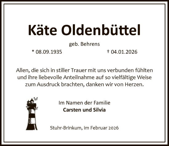 Traueranzeige von Käte Oldenbüttel von SYKS