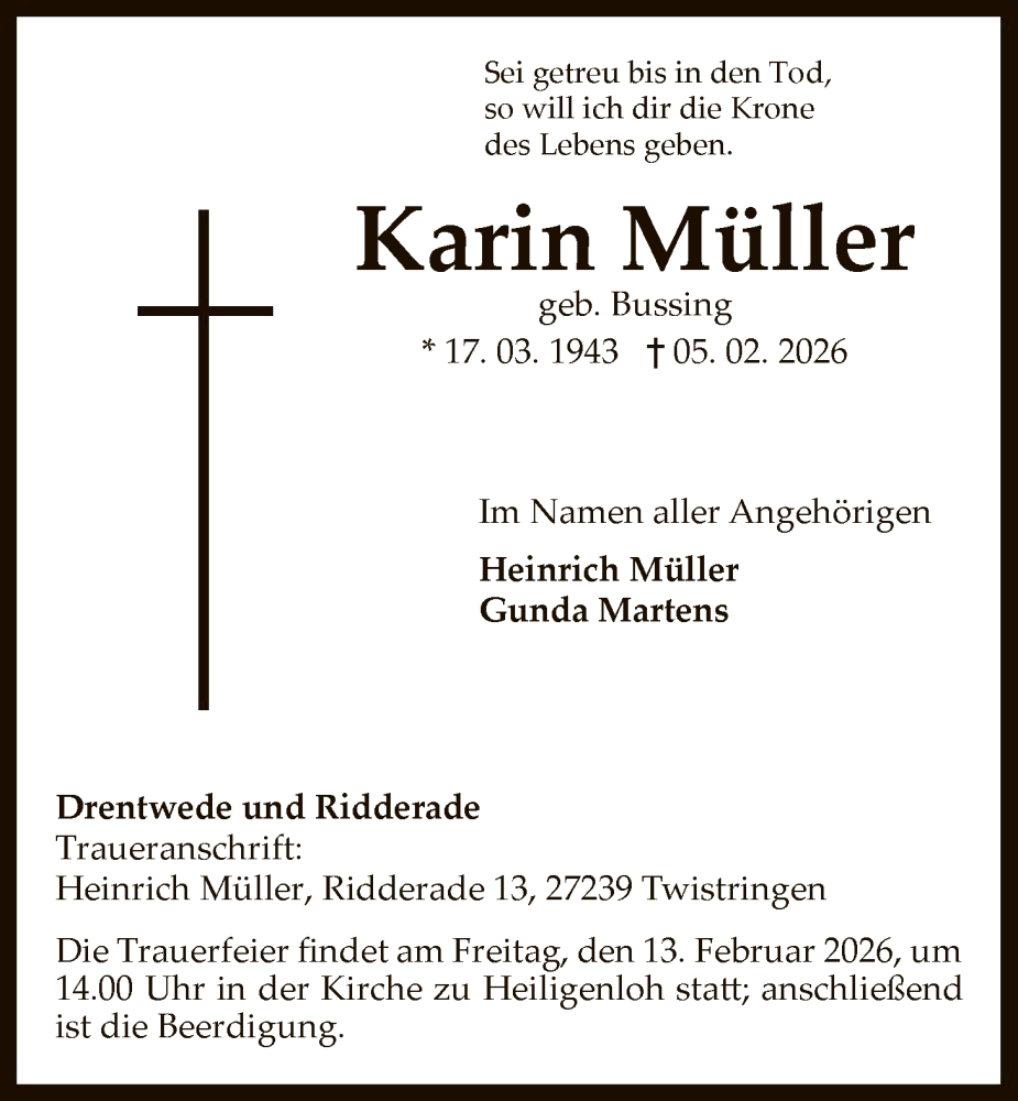  Traueranzeige für Karin Müller vom 10.02.2026 aus SYKSSYKS