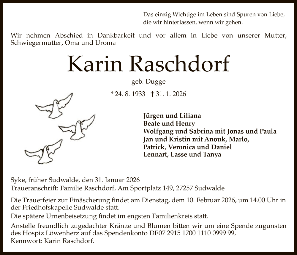  Traueranzeige für Karin Raschdorf vom 04.02.2026 aus SYKSSYKS