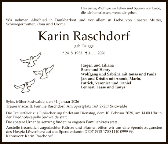Traueranzeige von Karin Raschdorf von SYKSSYKS
