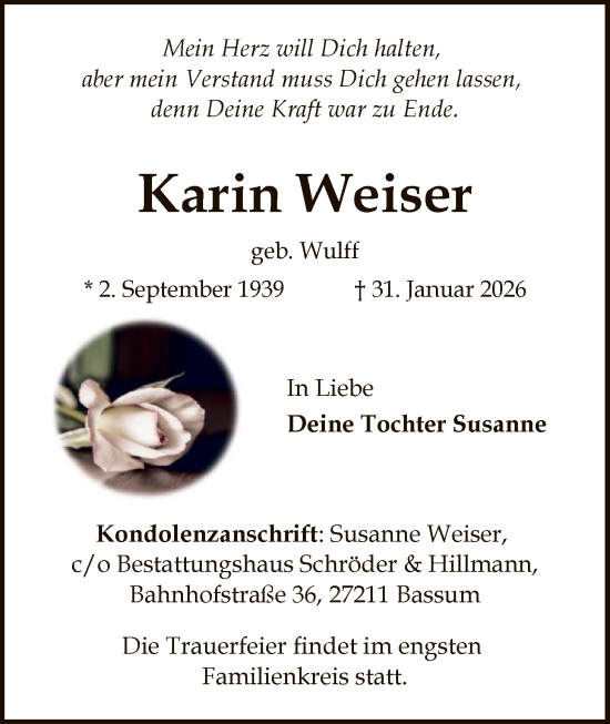 Traueranzeige von Karin Weiser von SYKS