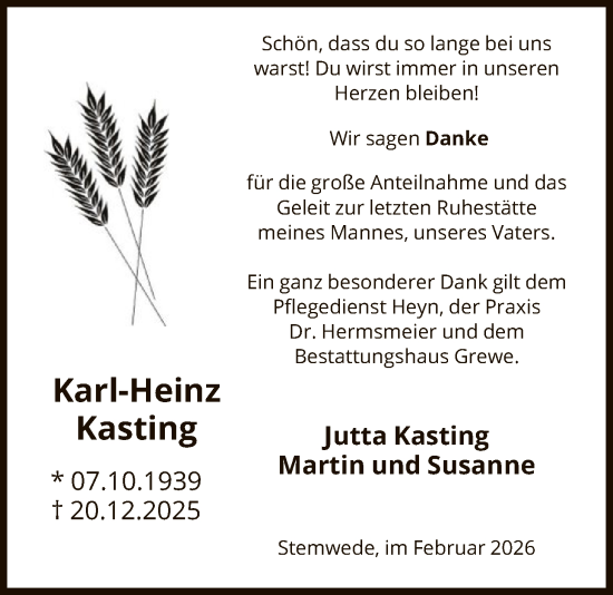 Traueranzeige von Karl-Heinz Kasting von SYKS