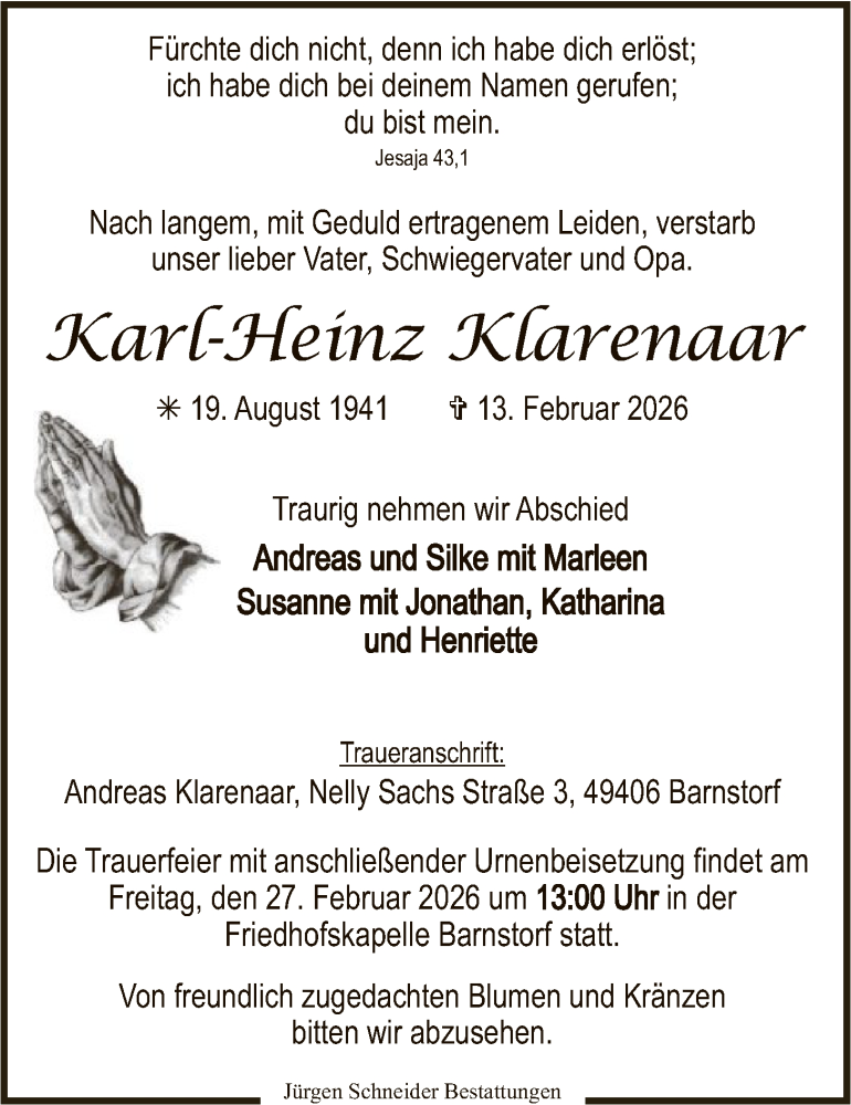  Traueranzeige für Karl-Heinz Klarenaar vom 21.02.2026 aus SYKS