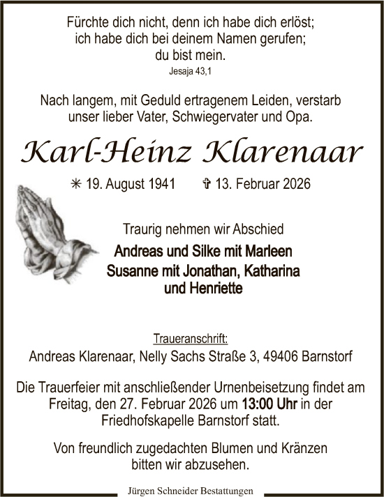 Traueranzeige von Karl-Heinz Klarenaar von SYKS