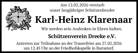 Traueranzeige von Karl-Heinz Klarenaar von SYKS