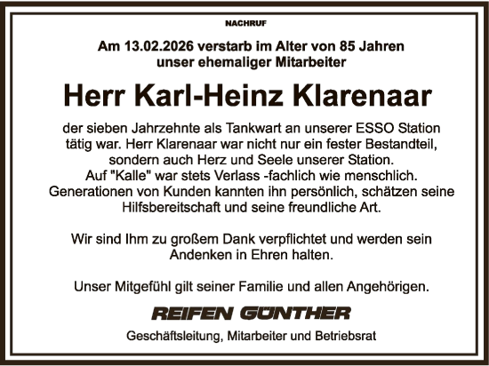 Traueranzeige von Karl-Heinz Klarenaar von SYKS