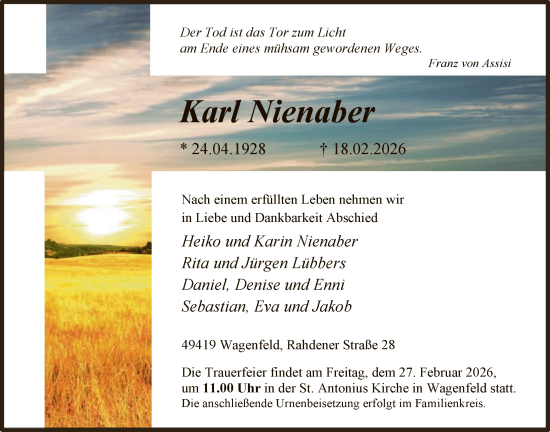 Traueranzeige von Karl Nienaber von SYKS